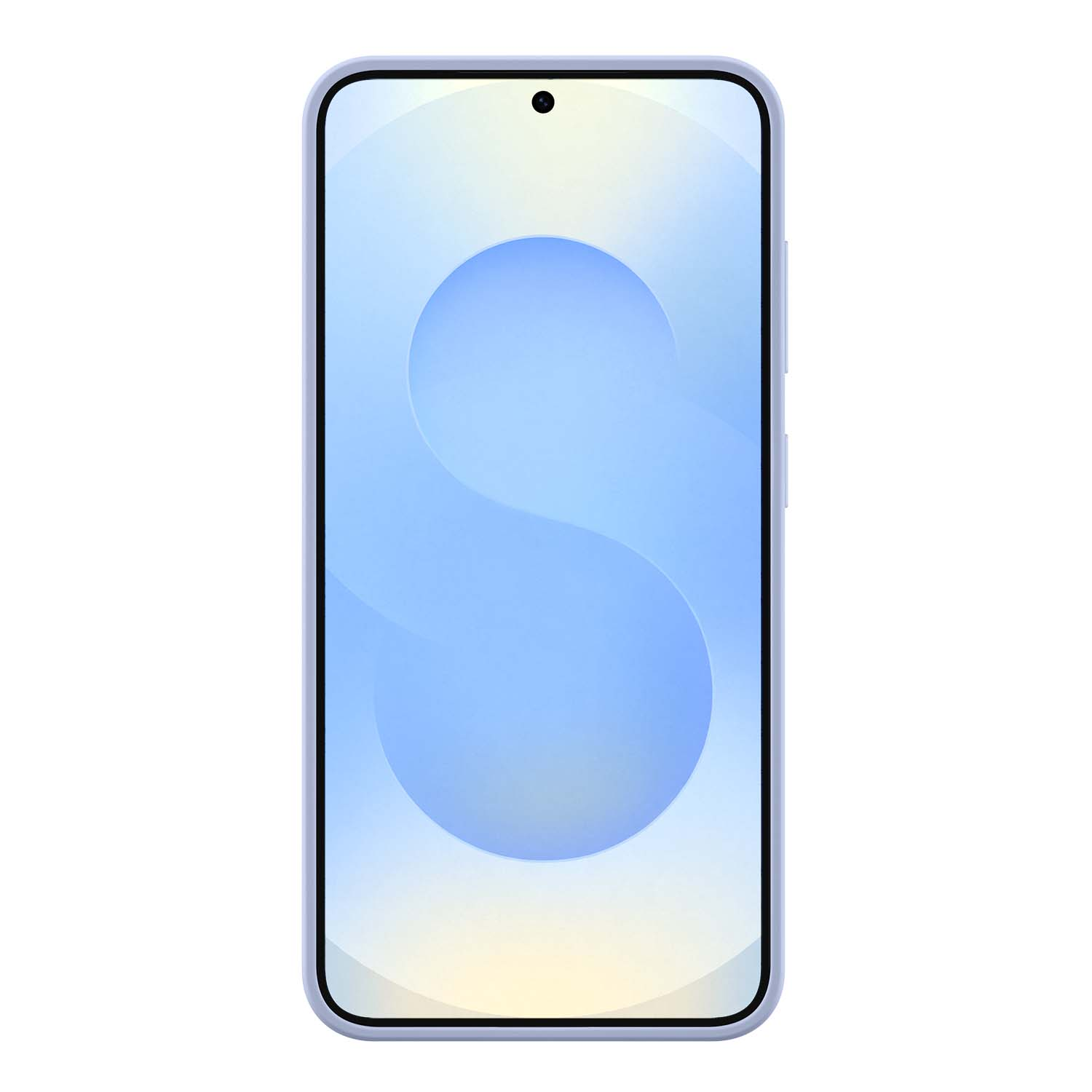 Un teléfono inteligente con una pantalla azul que presenta una forma de 'S' blanca, rodeada por un marco azul claro.