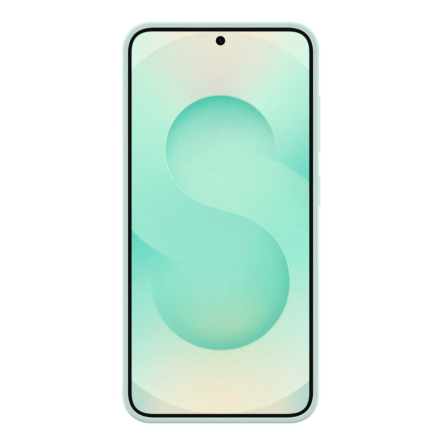 Un smartphone azul claro con una pantalla verde-turquesa con una gran 'S'.