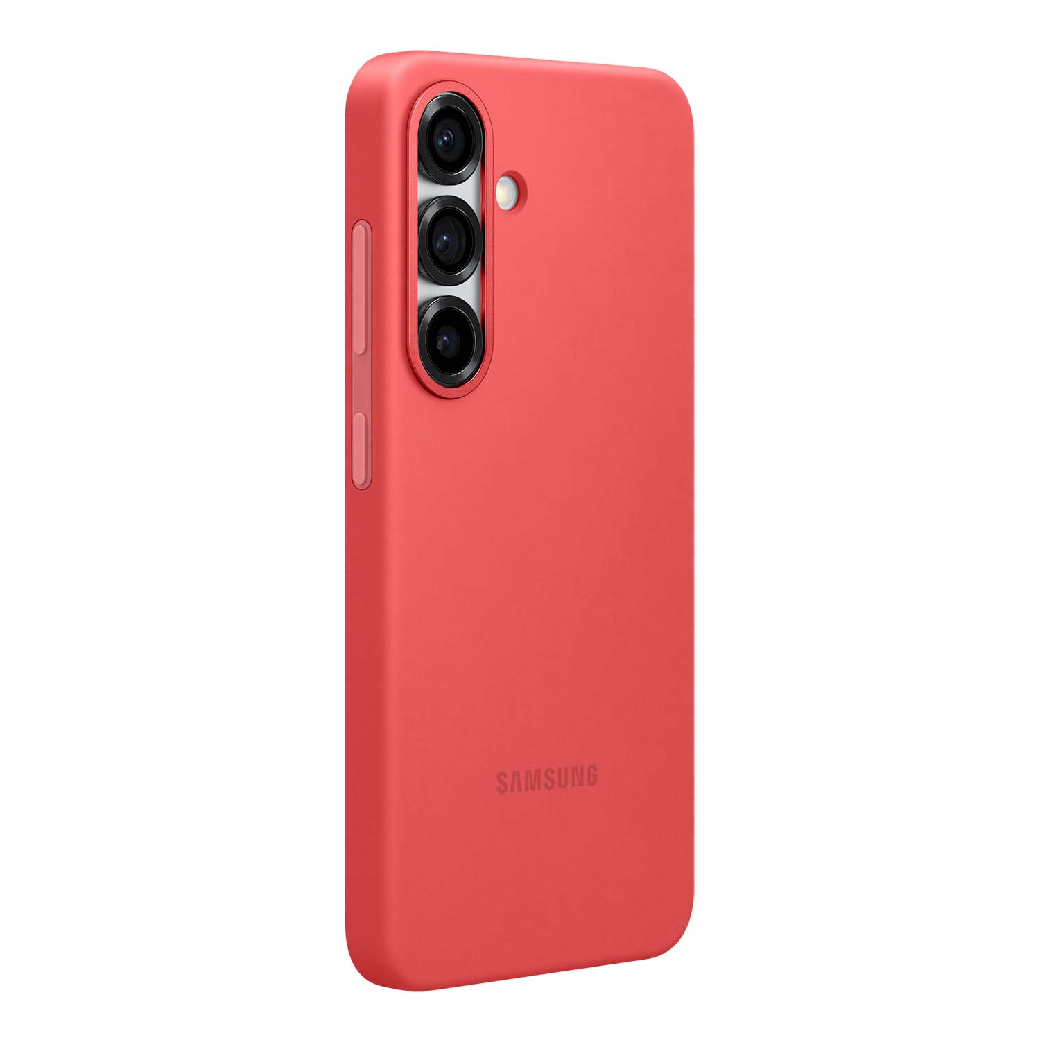 Una funda roja para teléfono con tres lentes de cámara y el logotipo de Samsung.