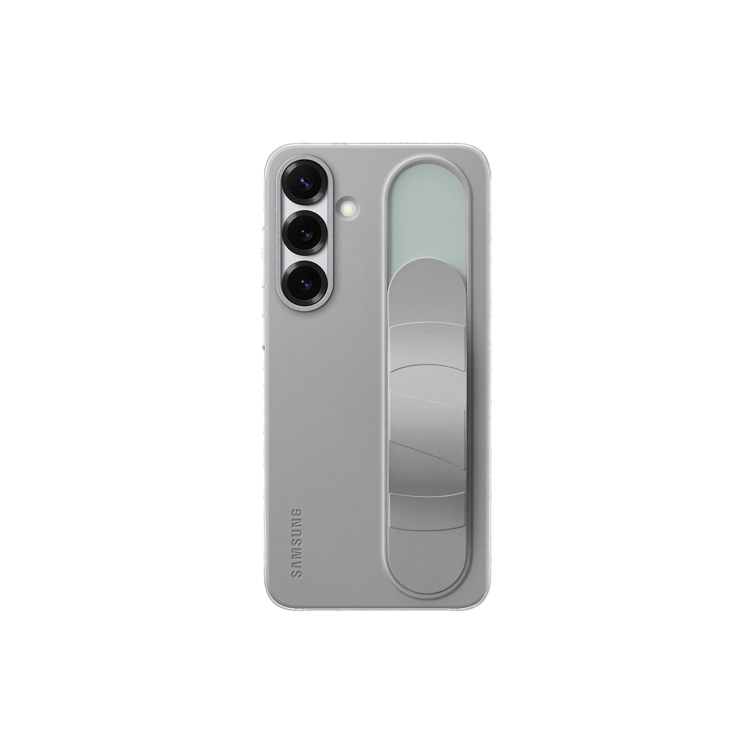 Una funda de teléfono gris claro con un agarre blanco y gris.