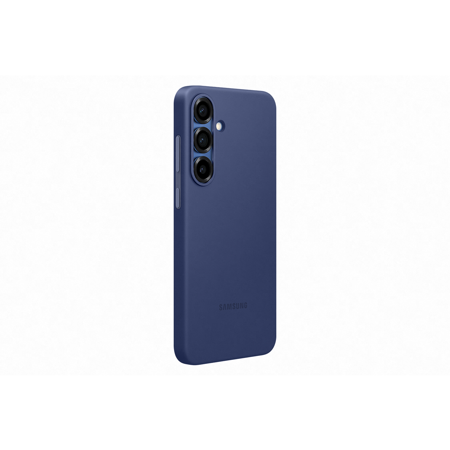 Funda azul de teléfono con logo Samsung, tres cámaras, sobre fondo blanco.