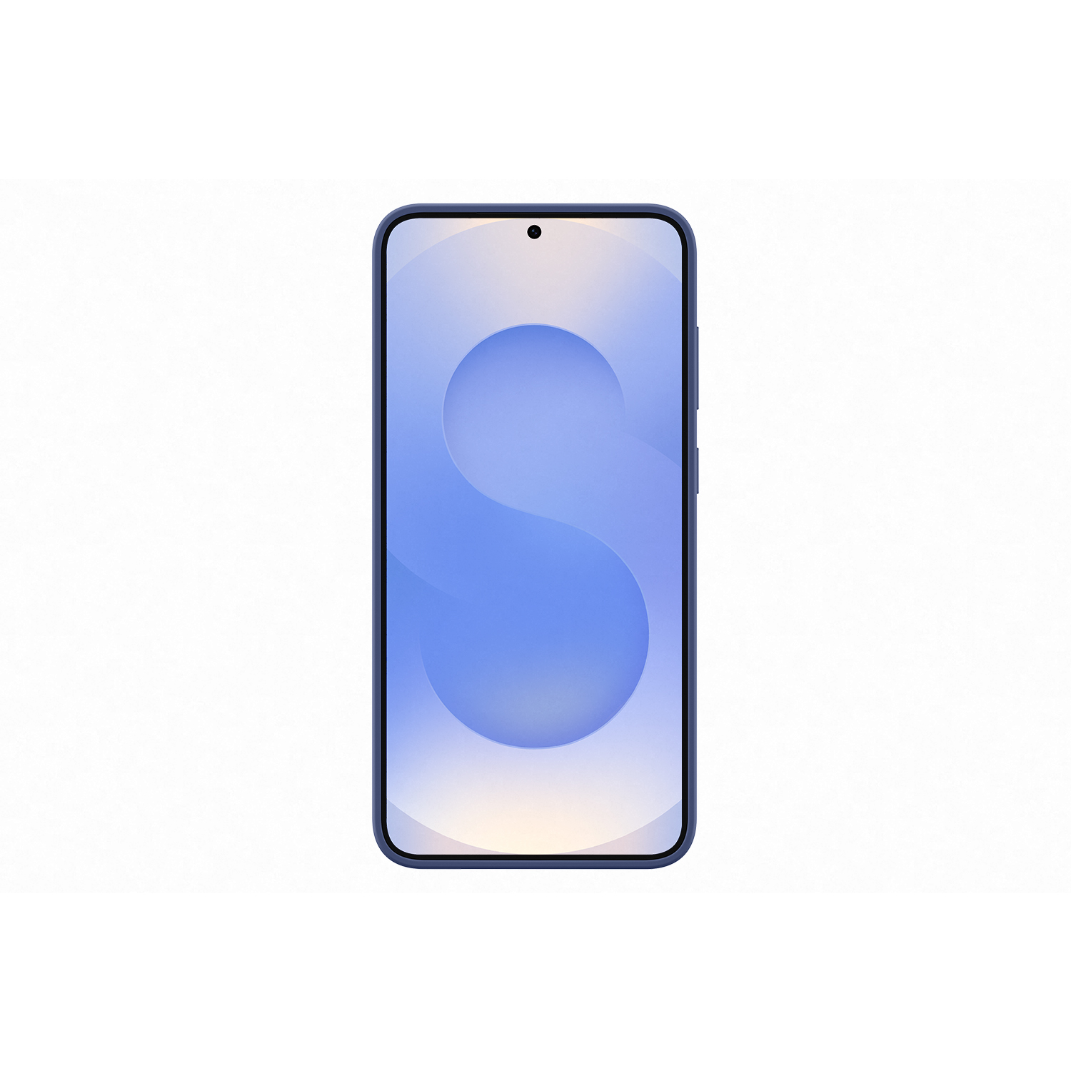 Vista frontal de un smartphone azul con una 'S' degradada azul claro sobre fondo blanco.