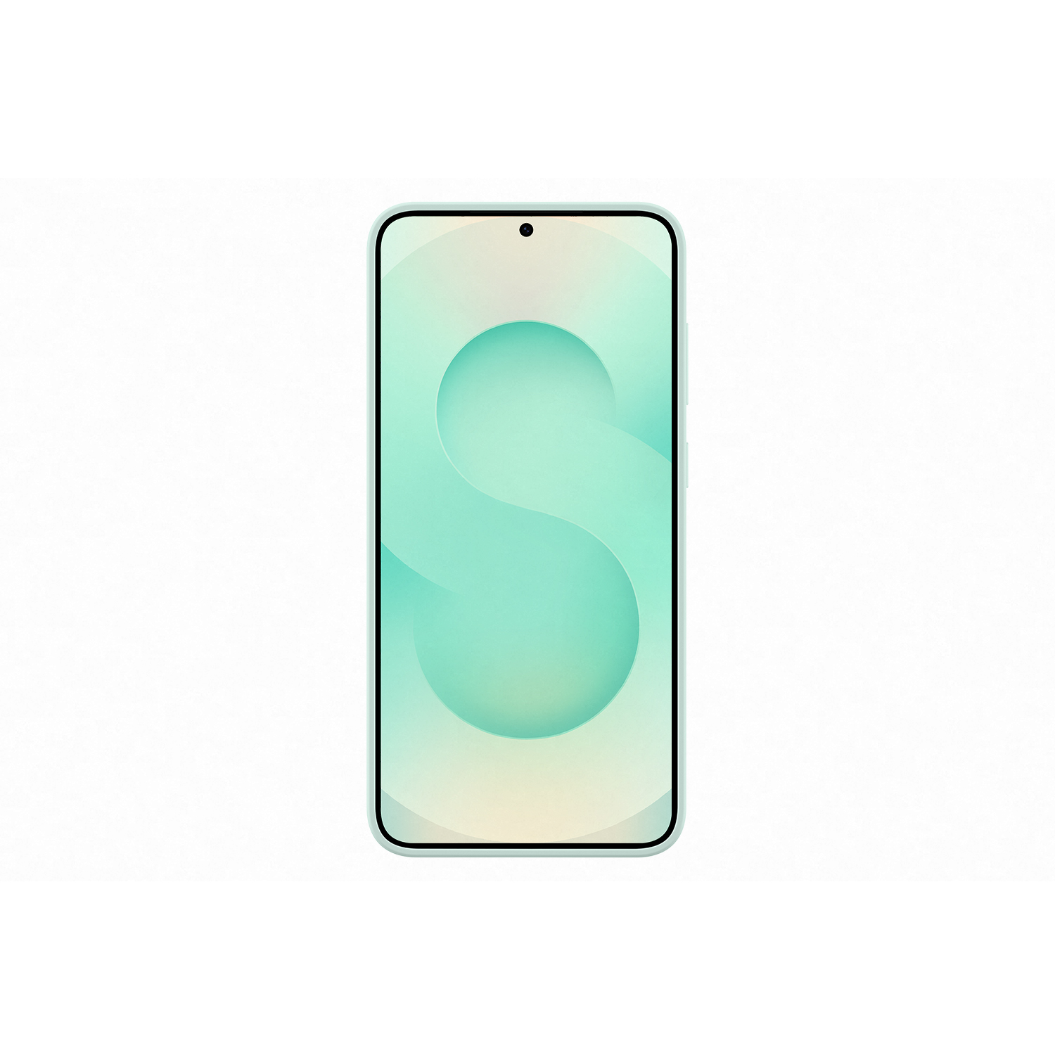 Smartphone verde menta con fondo blanco. Tiene una pantalla con un diseño 'S' verde claro.