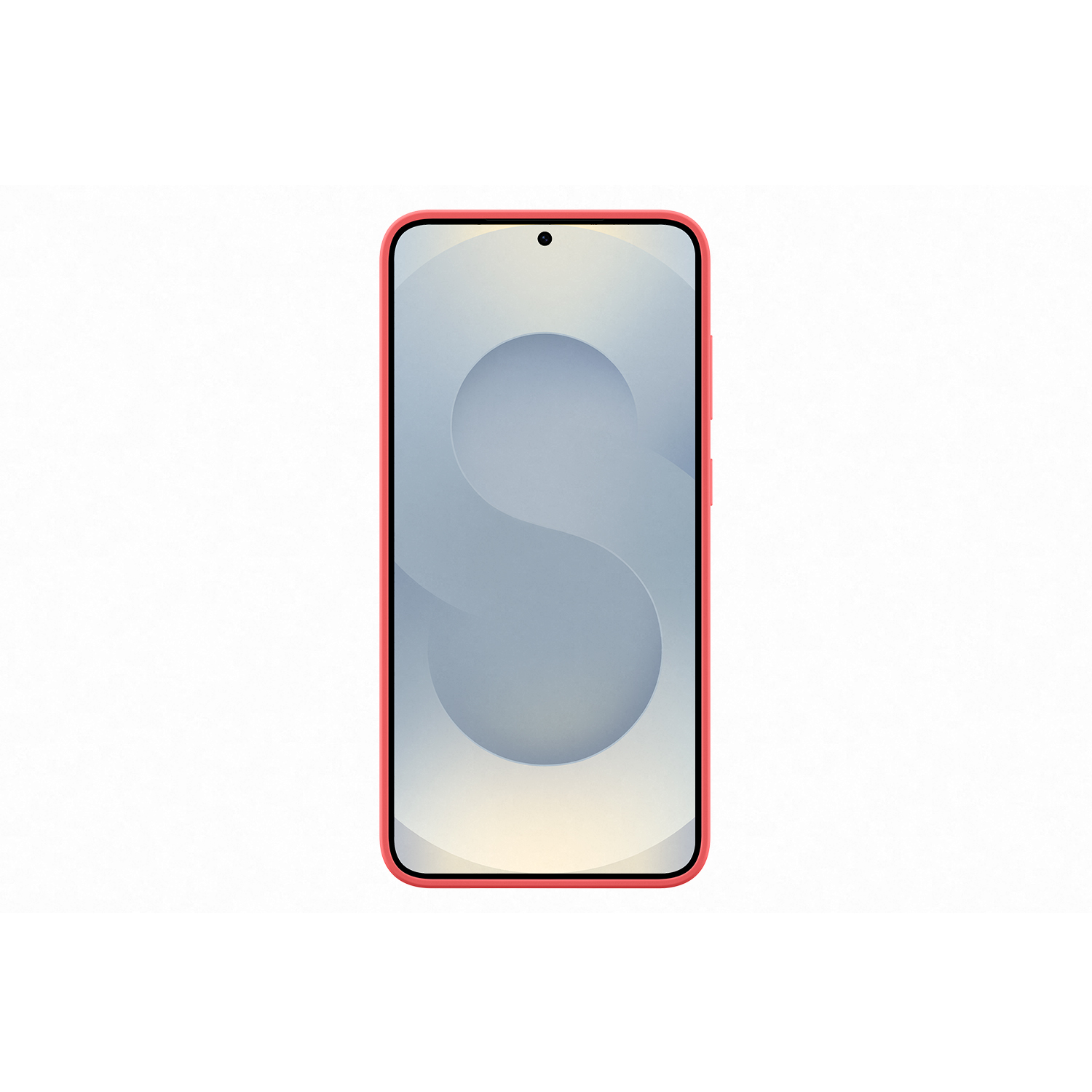 Smartphone con marco rosa y pantalla azul-gris, mostrando una 'S'.