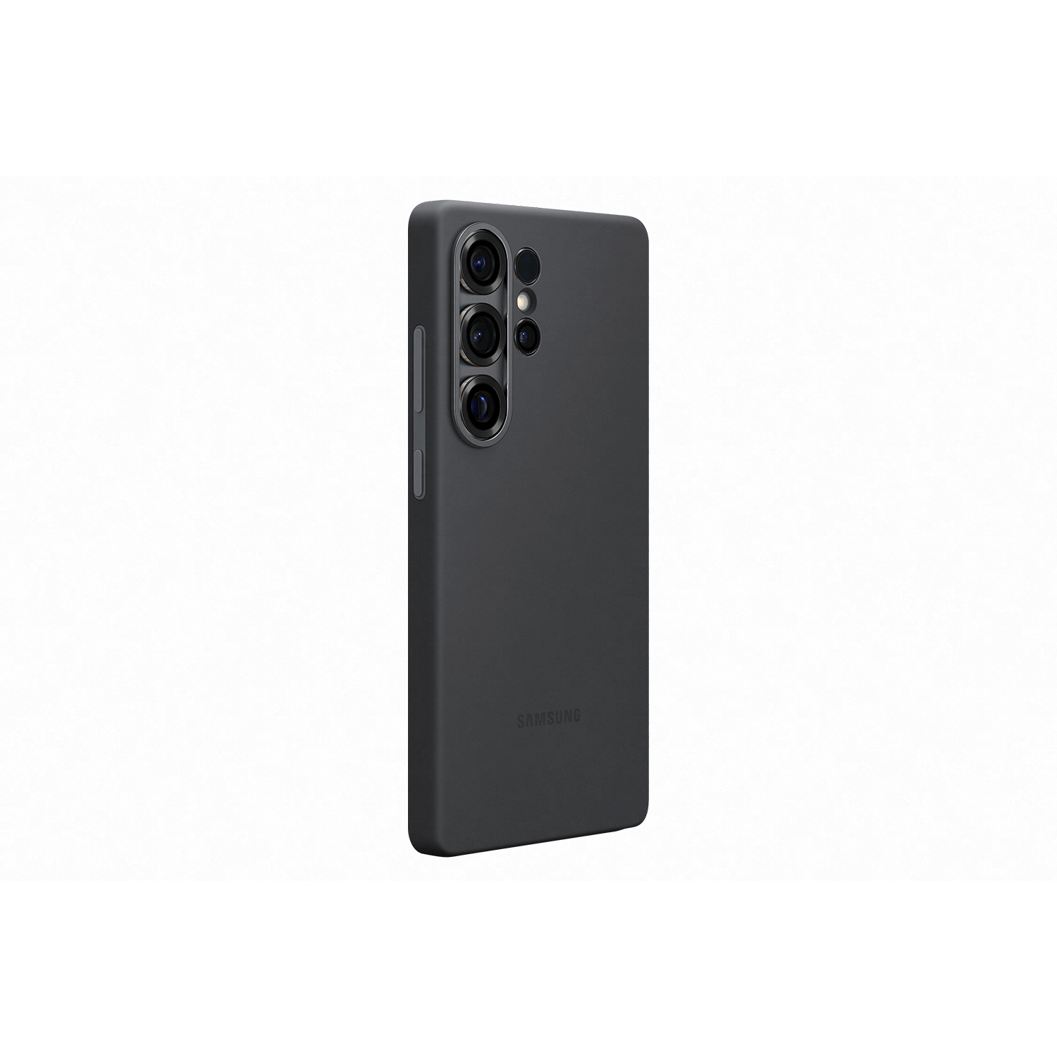 Funda de teléfono gris oscuro sobre fondo blanco. Tres cámaras visibles.