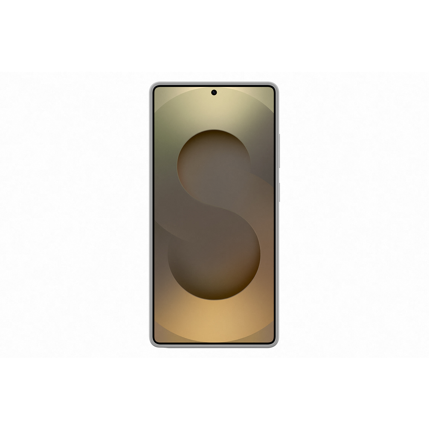 Smartphone, vista frontal, sobre fondo blanco. Pantalla muestra un diseño 'S' abstracto en tonos marrones.