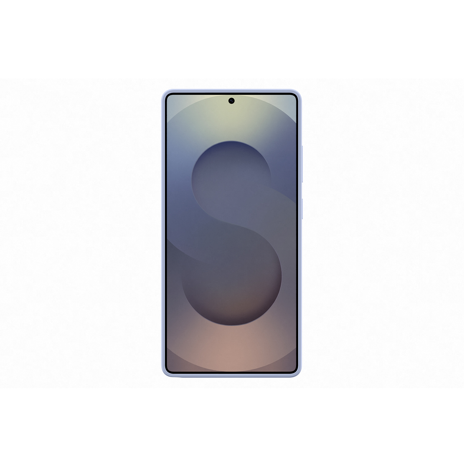 Un smartphone azul claro con una pantalla que muestra un fondo degradado con una gran 'S'.
