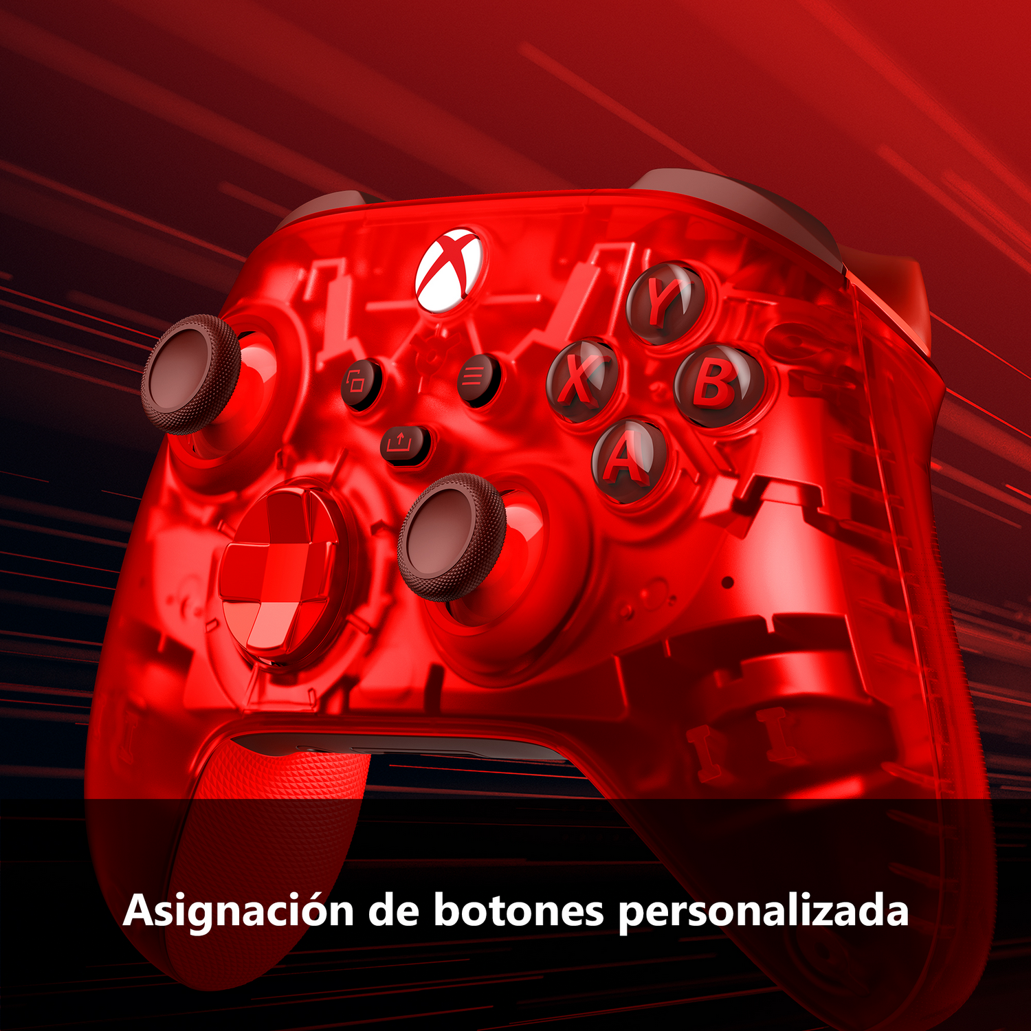 Un mando de Xbox transparente rojo con botones y un logo blanco de Xbox.