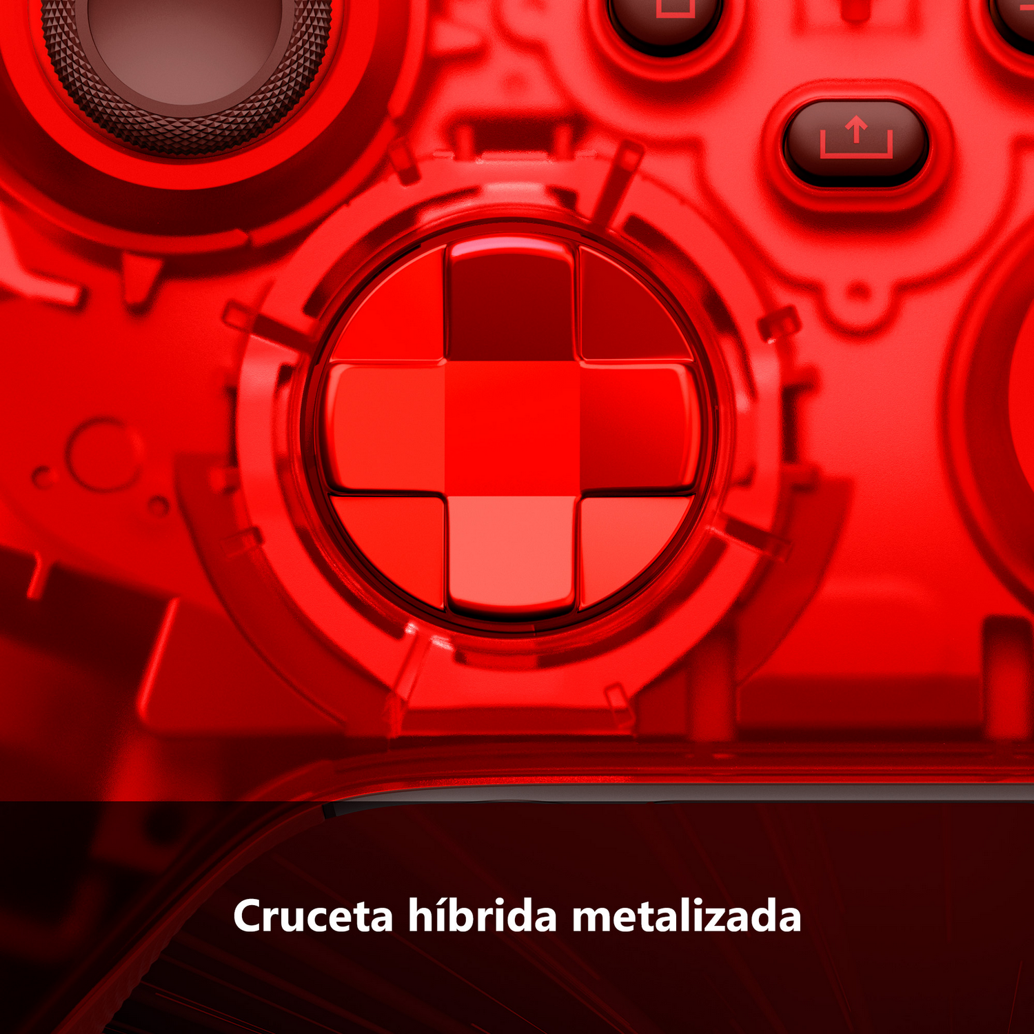 Primer plano de un controlador de juego rojo con botones. Texto: Cruzeta híbrida metalizada.