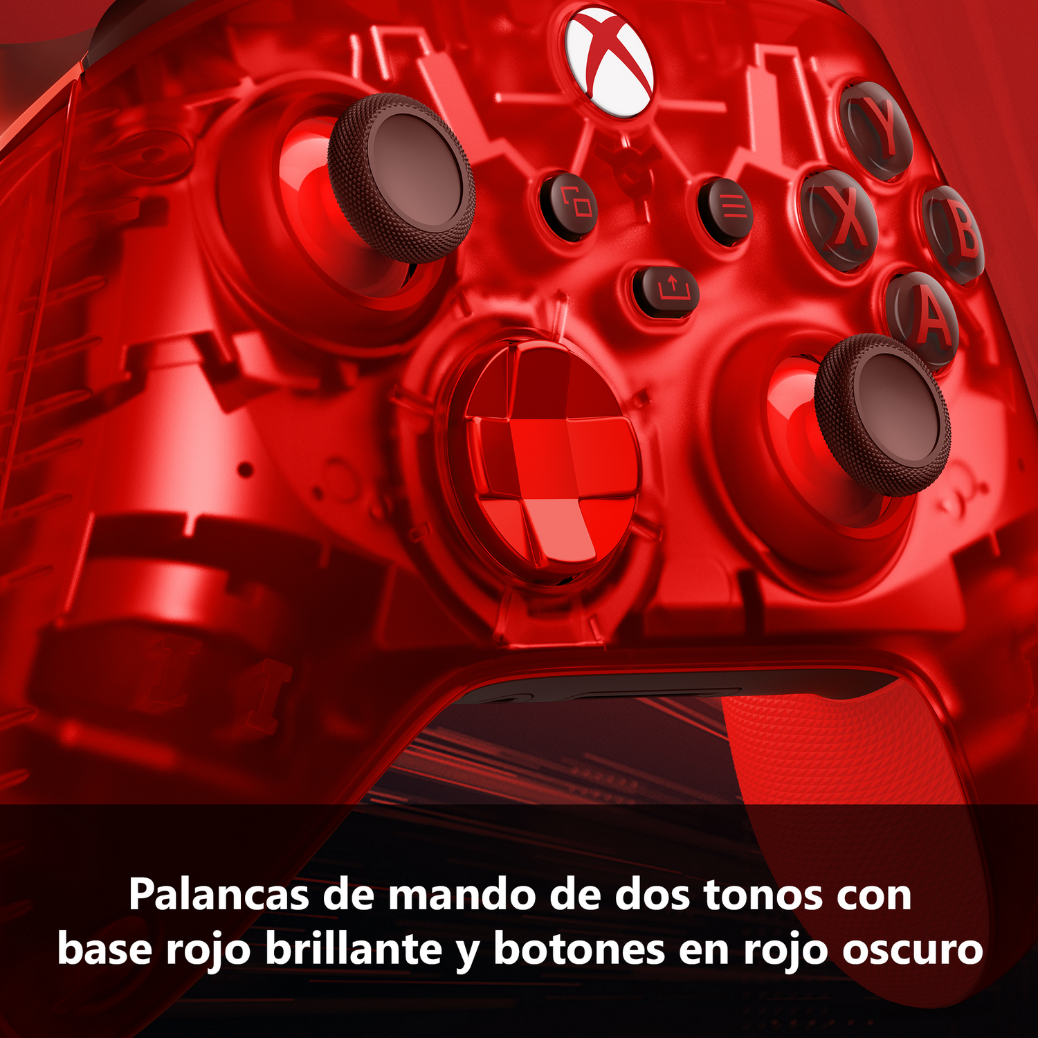 Mando de Xbox rojo con joysticks de dos tonos y botones rojo oscuro.