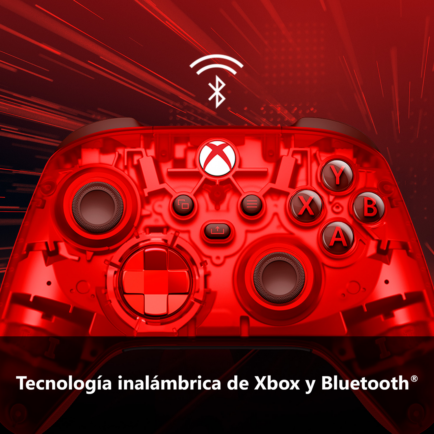 Mando Xbox rojo. Botones A, B, X, Y y menú. Símbolo Bluetooth arriba.