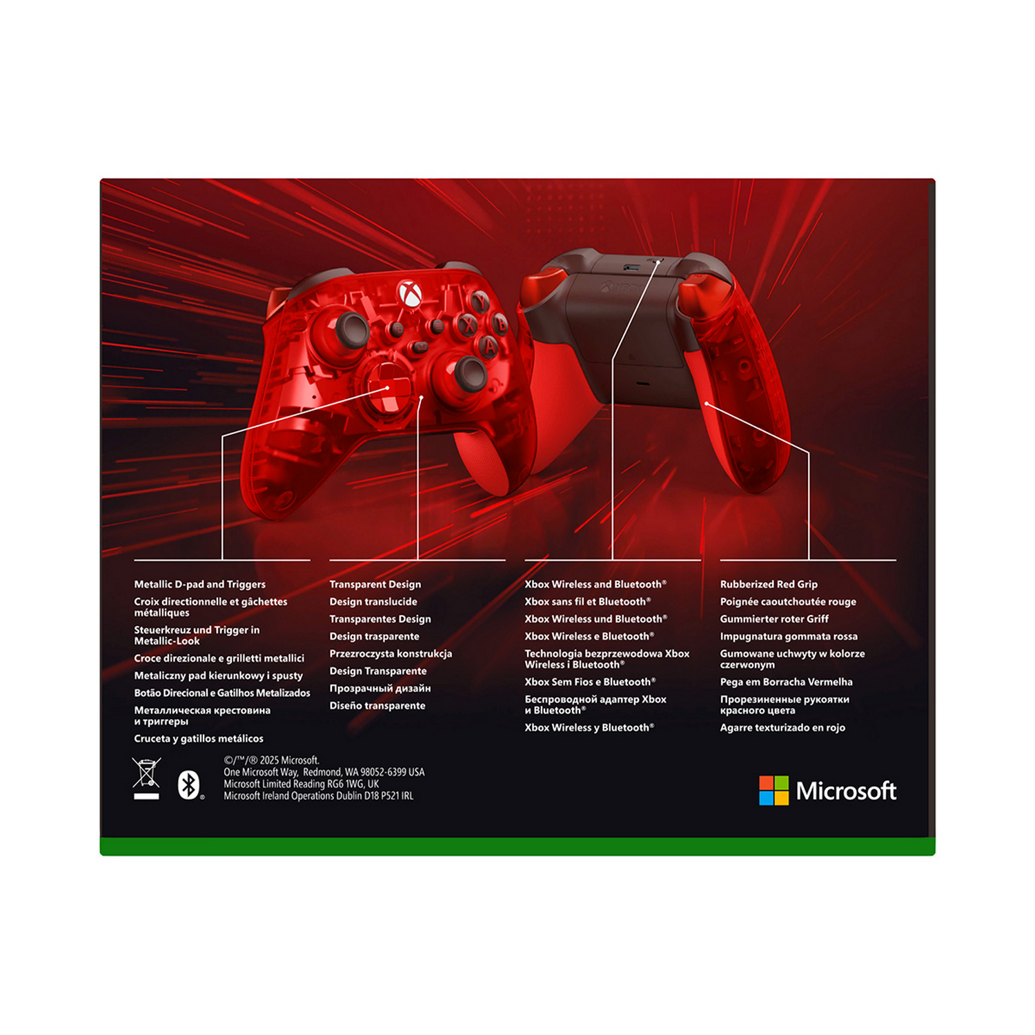 Mando Xbox rojo transparente, botones, texto y logo Microsoft.