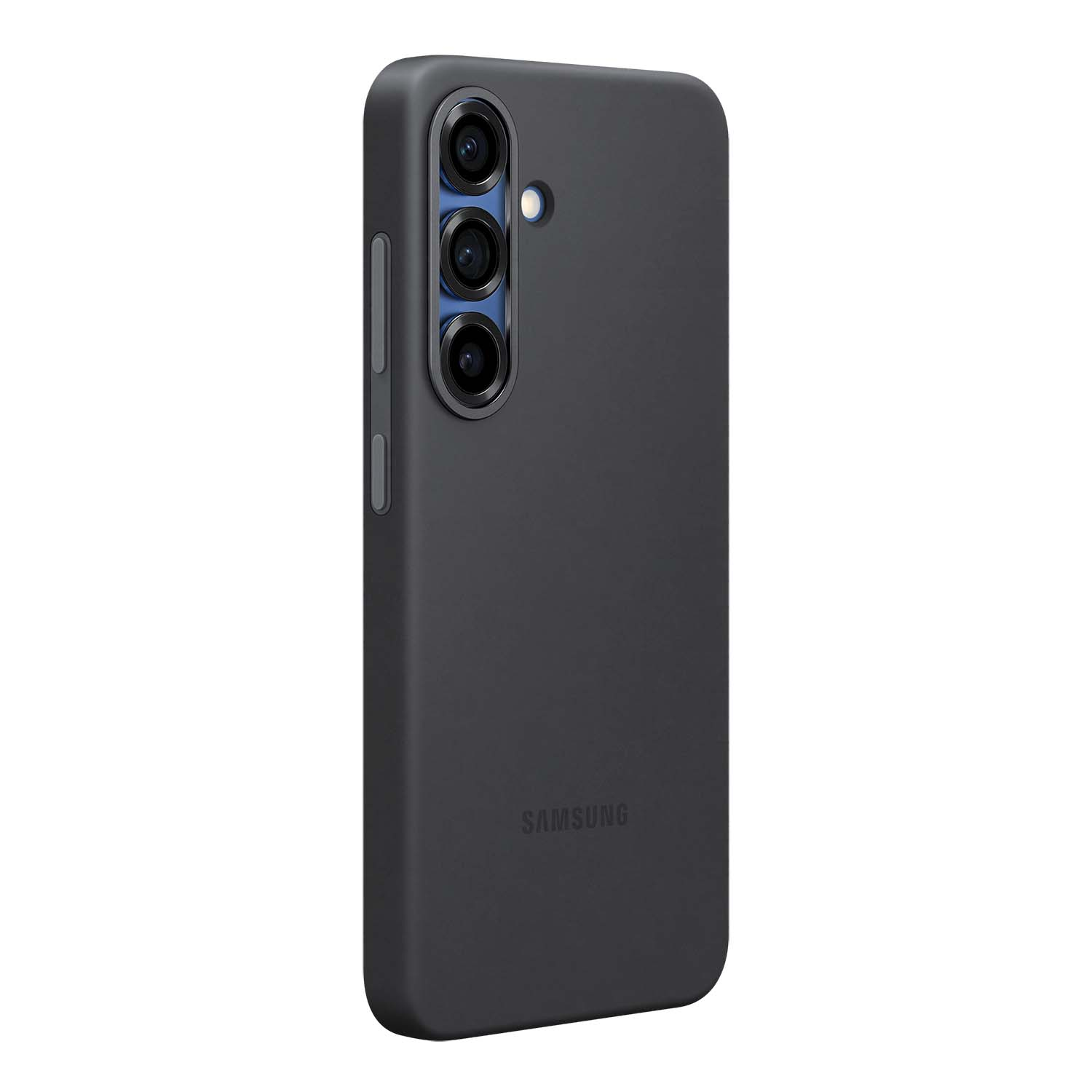 Funda negra. Marca Samsung. Configuración de triple cámara. Fondo gris oscuro.