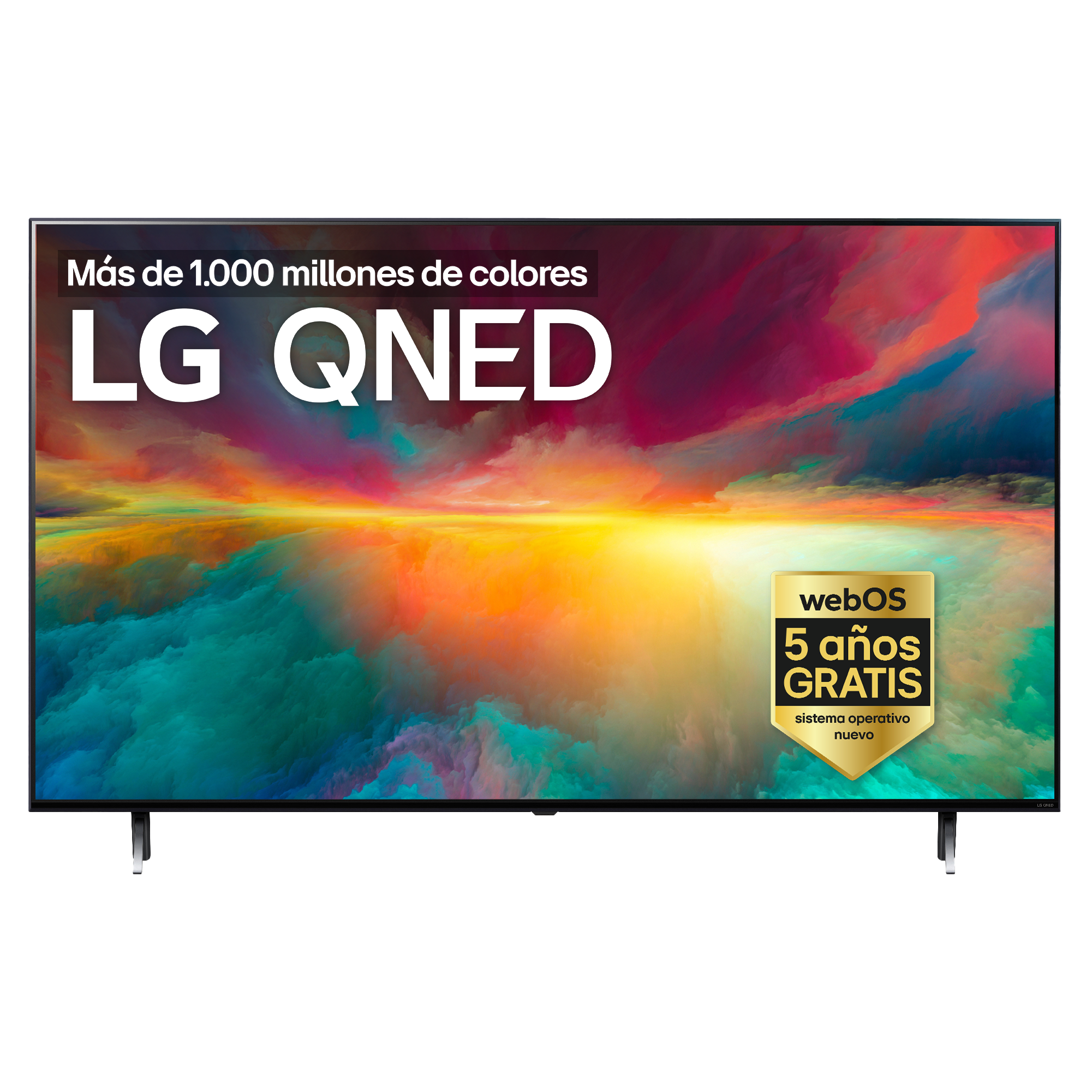 TV LG QNED con fondo colorido y texto promocional sobre webOS.