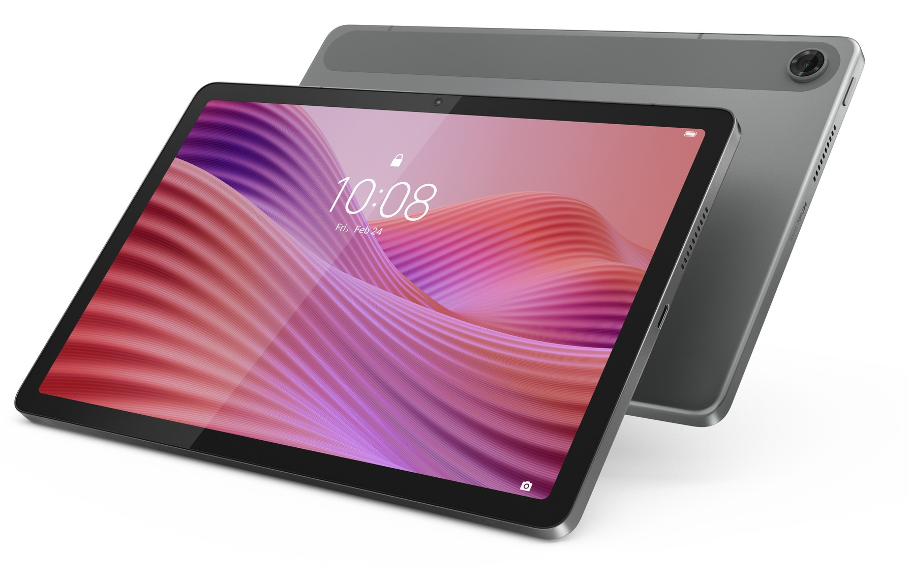 Tablet z ekranem z różowym i fioletowym falistym wzorem, drugi tablet z tyłu. Szary, nowoczesny.