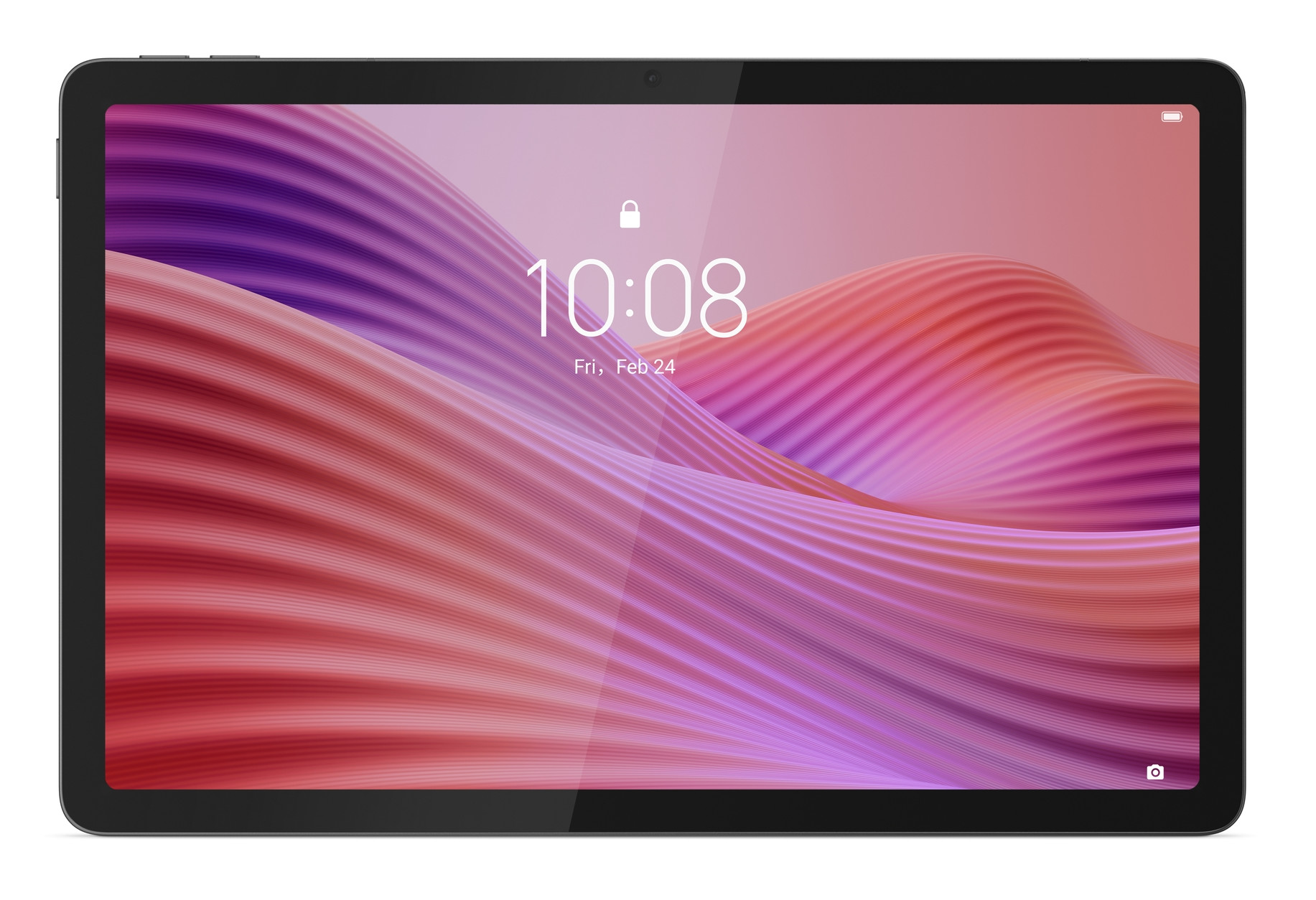 Czarny tablet z kolorowym, abstrakcyjnym wzorem fal na ekranie. Wyświetlana jest godzina i data.