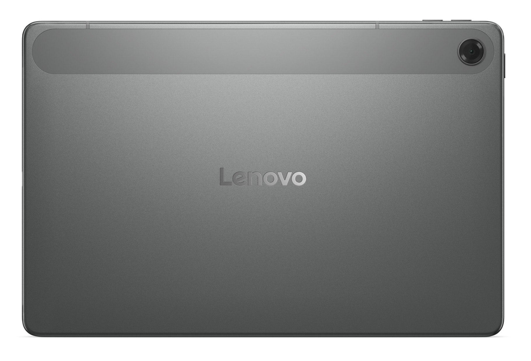 Tył szarego tabletu Lenovo. Ma obiektyw aparatu i logo Lenovo.