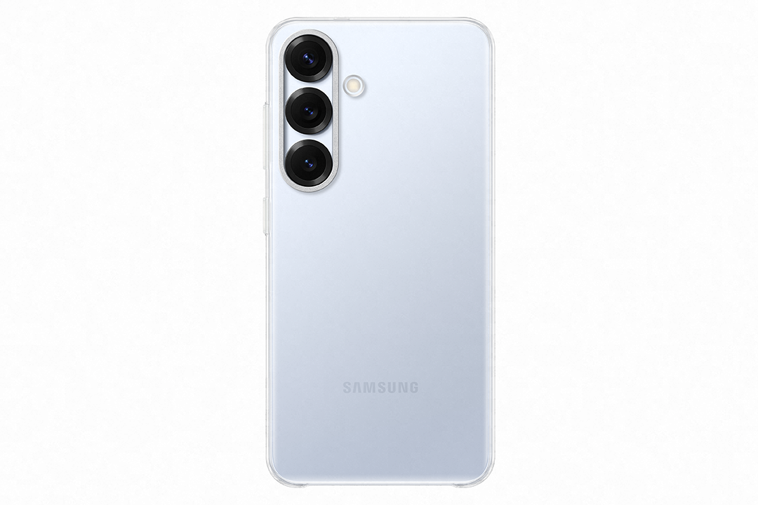 Samsung telefon hátulnézete. Világoskék szín, három kamera és a Samsung logója. Fehér háttér.