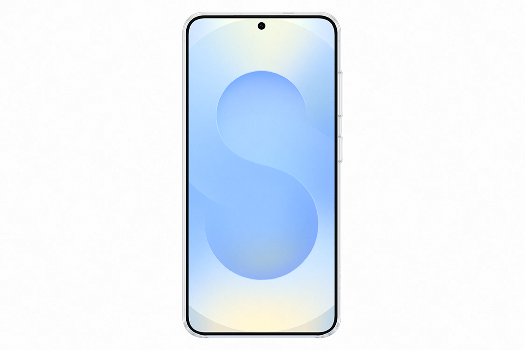 Fehér Samsung telefon, kék képernyővel, nagy 'S' betűvel.