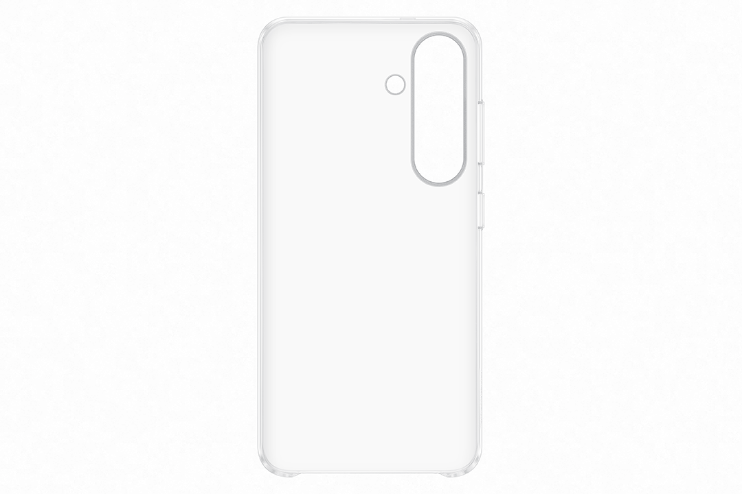 Átlátszó telefontok. Van rajta kamera nyílás, hangerő- és bekapcsológomb.