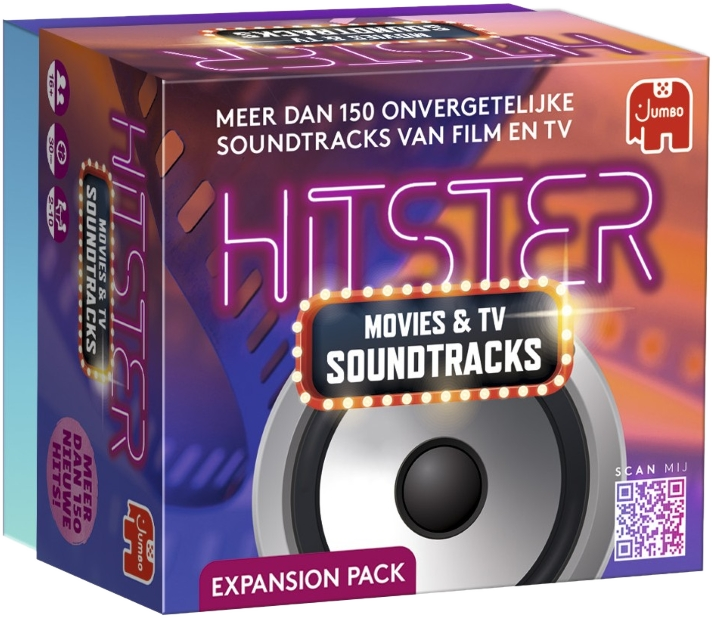 Doos met 'Hitster Movies & TV Soundtracks' in paars en blauw. Bevat meer dan 150 soundtracks.
