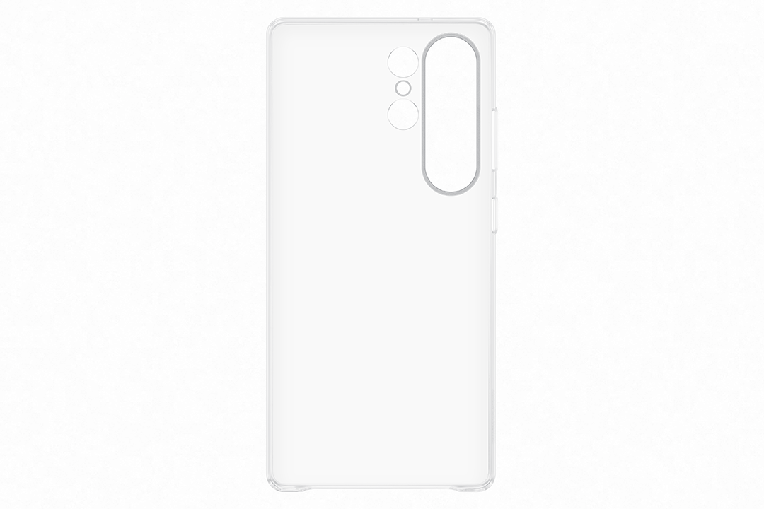 Átlátszó telefontok. Hátsó nézet, kamera kivágás. Fehér háttér.