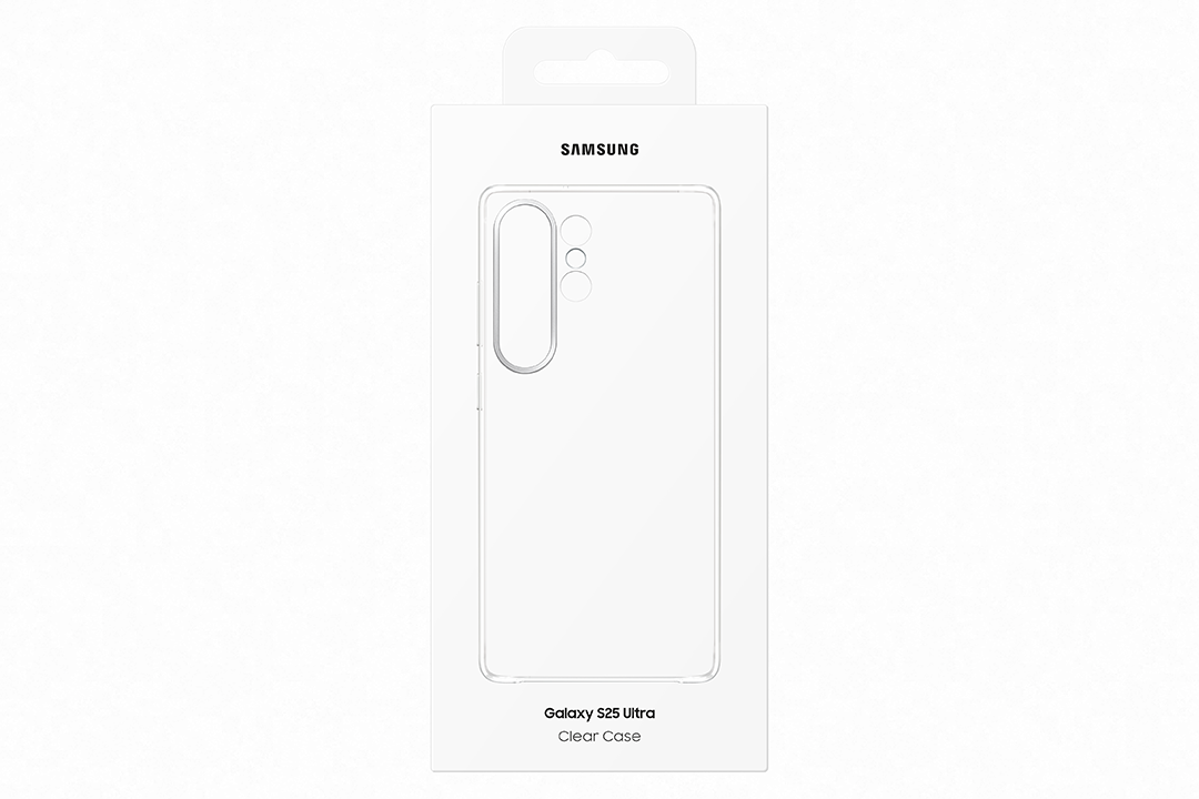 Átlátszó telefontok fehér dobozban, 'SAMSUNG' és 'Galaxy S25 Ultra' felirattal.