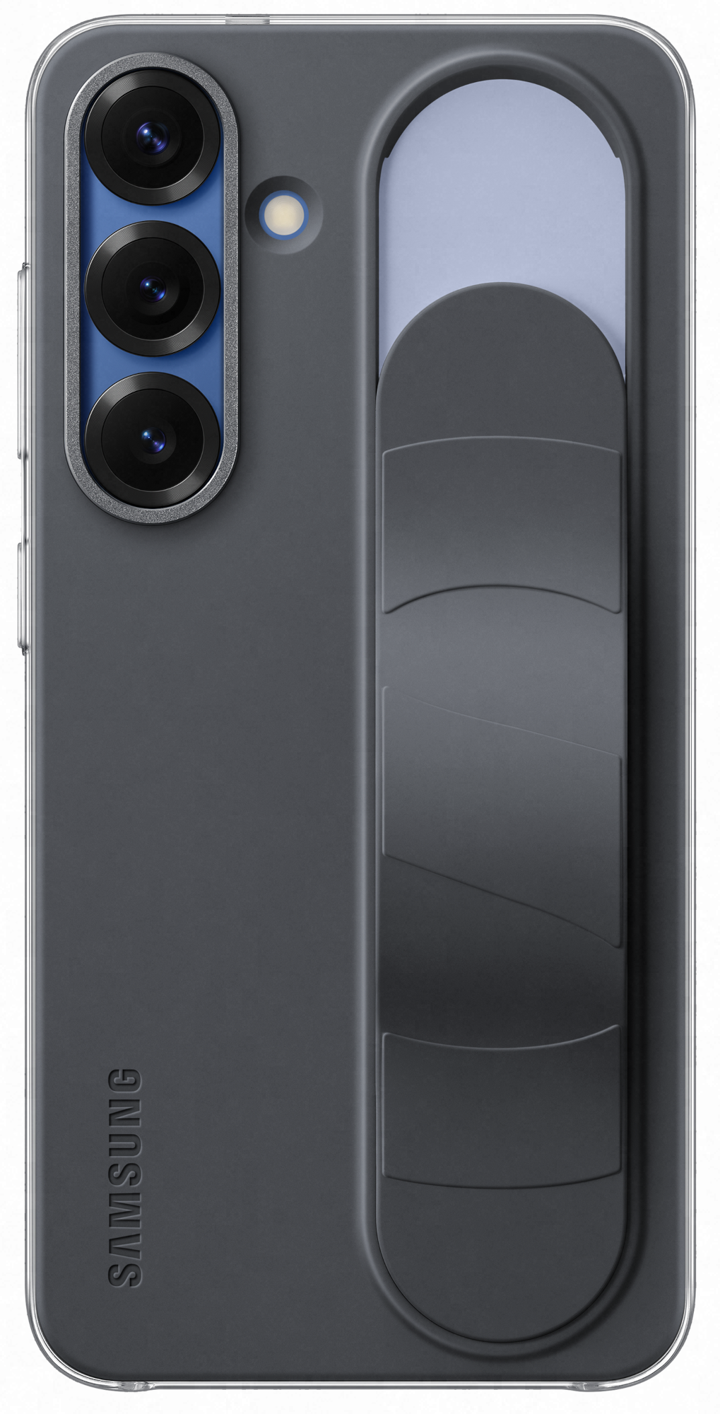 Szürke Samsung telefontok fekete fogantyúval, hátulnézet.