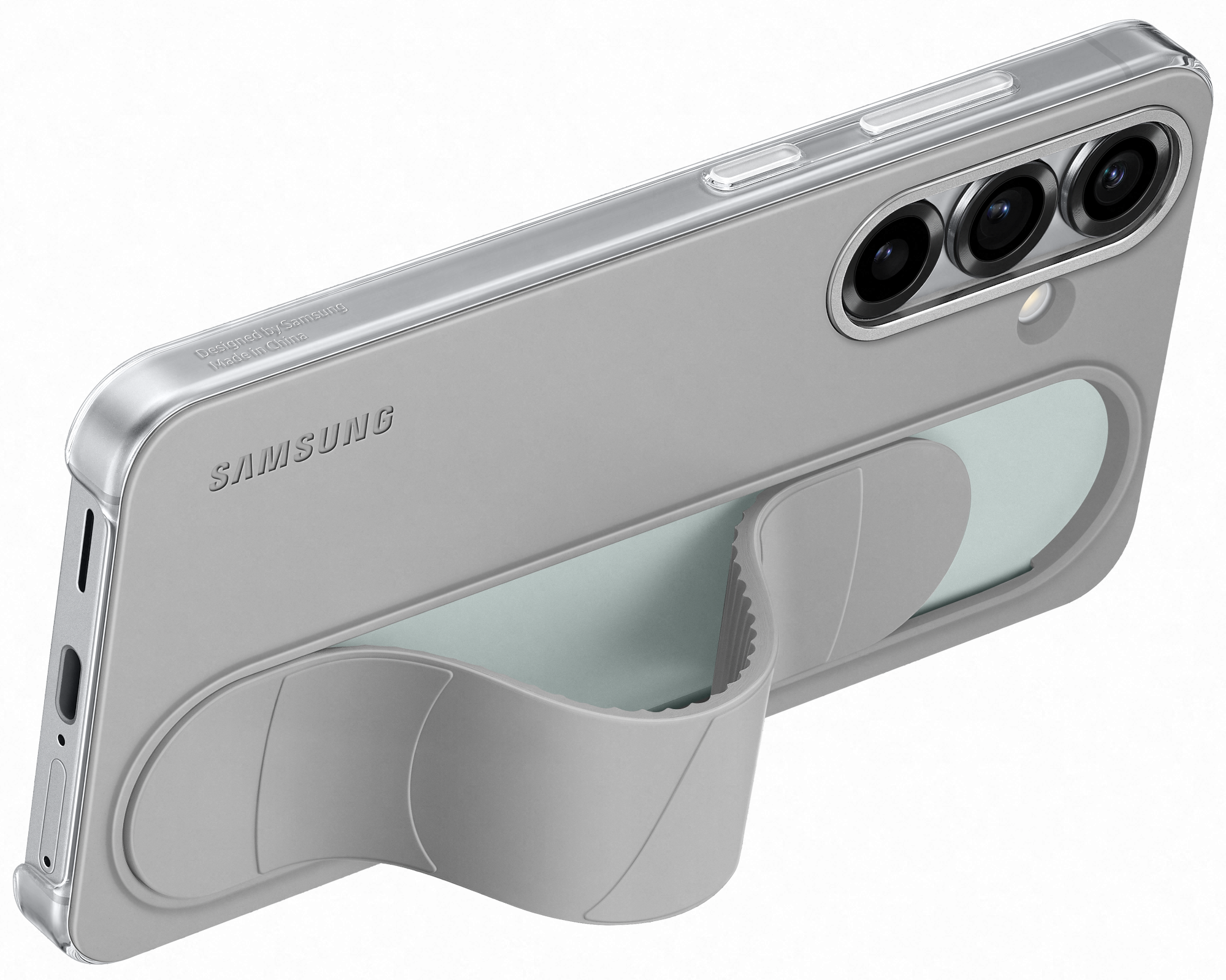 Szürke telefontok fehér állvánnyal, Samsung telefonnal, fehér háttérrel.