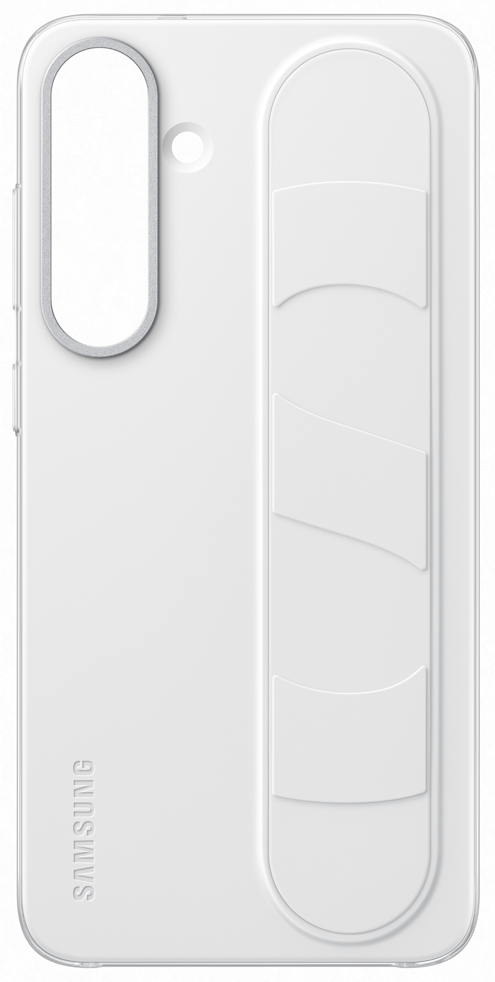 Fehér telefontok dizájnnal. Samsung logó látható. Fehér háttér.