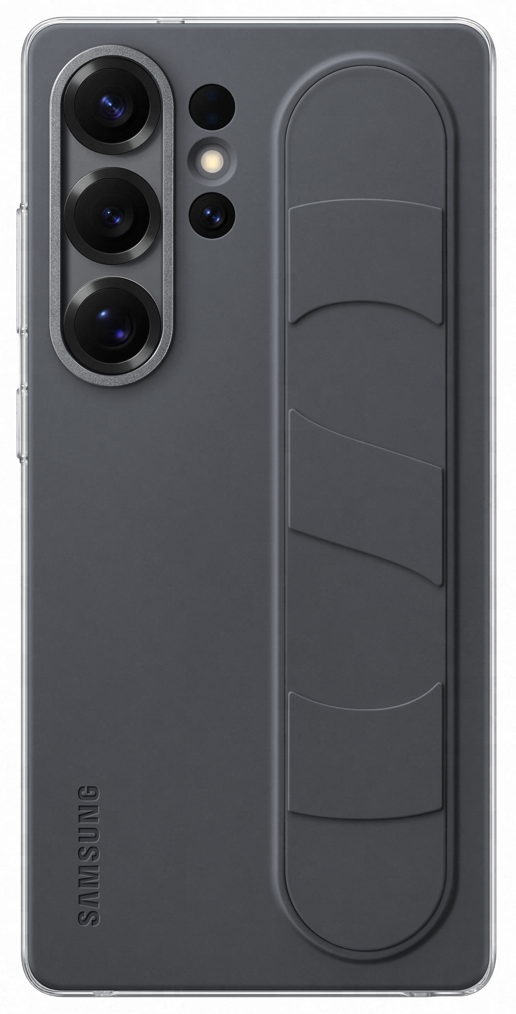 Egy sötétszürke Samsung telefontok állvánnyal. A hátoldalon a Samsung logója található.
