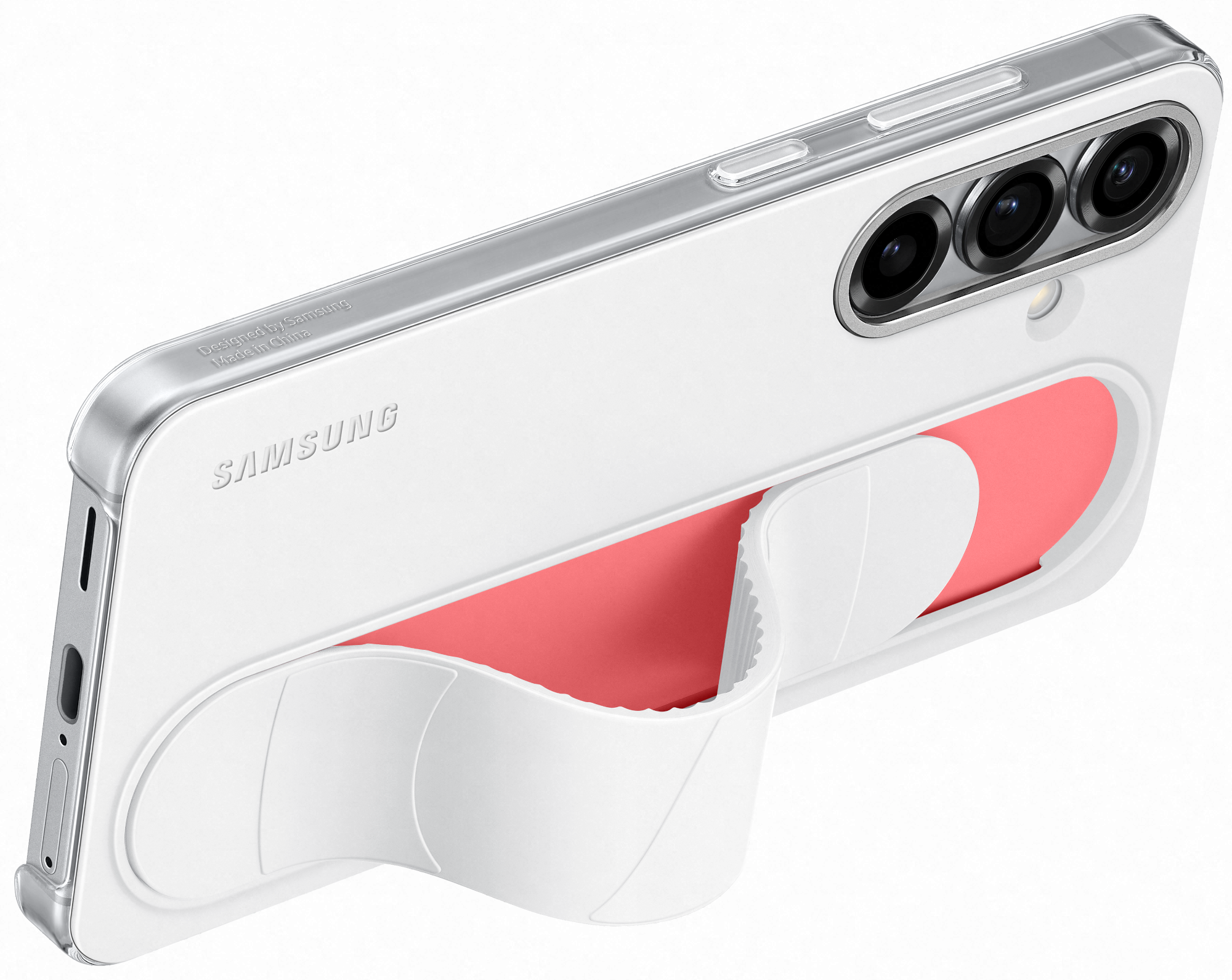 Fehér telefontok korall színű tartóval és ezüst kerettel, Samsung logóval.