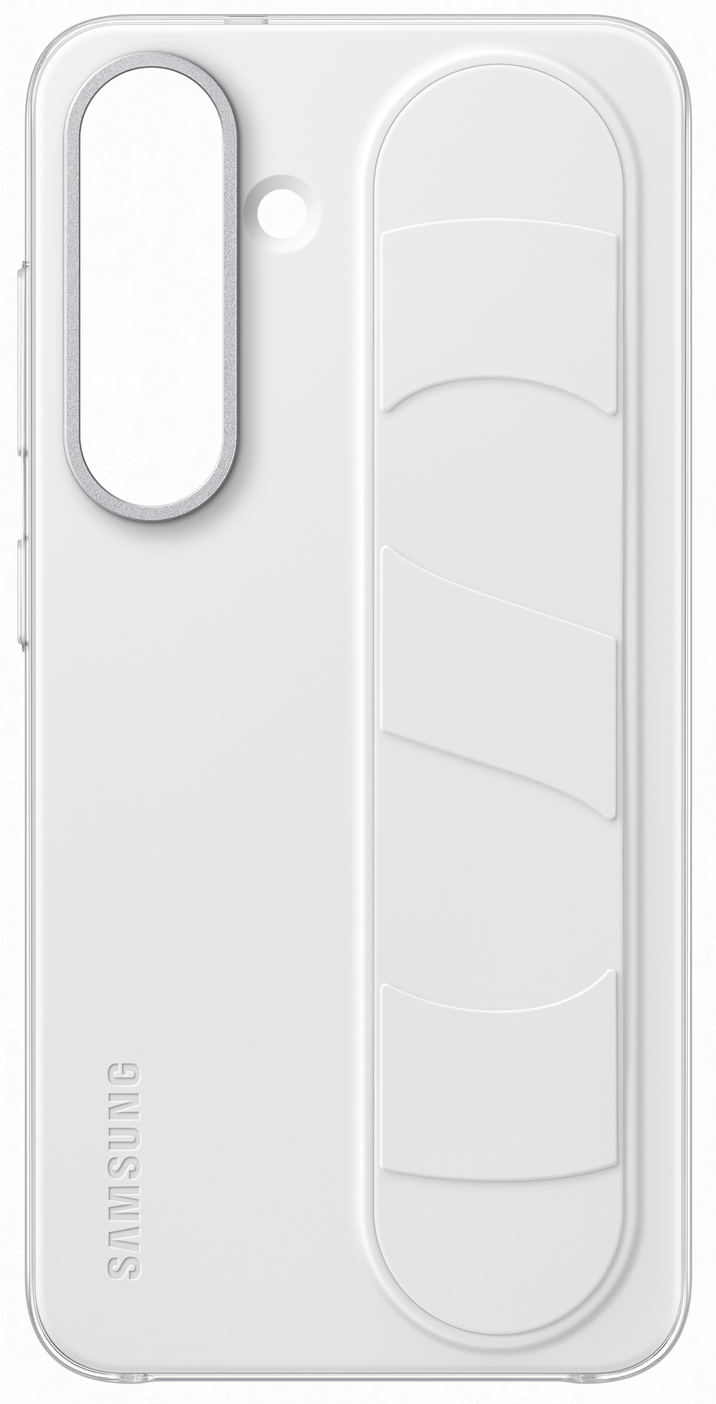 Egy fehér telefontok három téglalap alakú horonnyal a kártyák számára. A tokon Samsung logó van.