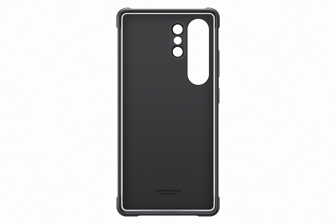 Egy fekete telefontok fehér szegéllyel, Samsung telefonhoz tervezve. A hátulján kamera kivágás van.