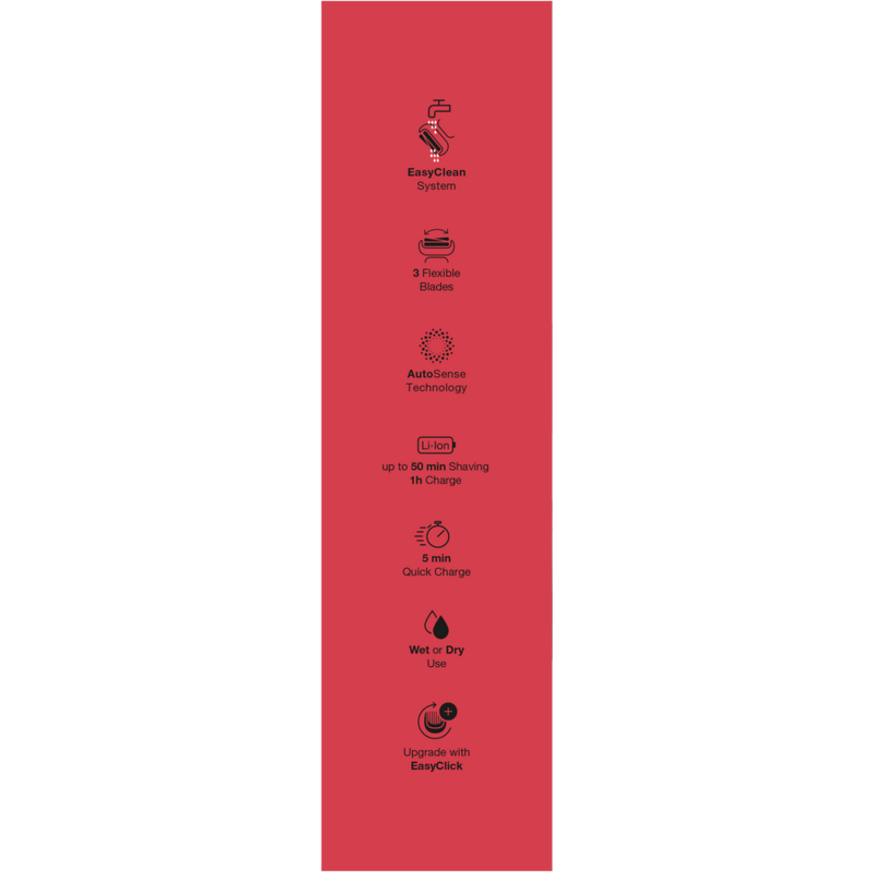 Fondo rojo con iconos y texto que describe una afeitadora. Los iconos incluyen cuchillas y carga.