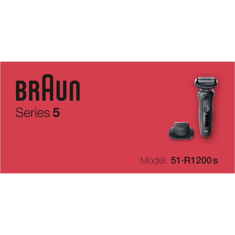 Afeitadora eléctrica Braun Series 5 sobre fondo rojo con el número de modelo.