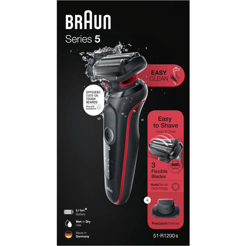 Afeitadora el éctrica Braun Series 5 negra y roja con texto y gráficos, salpicaduras de agua, detalles rojos.