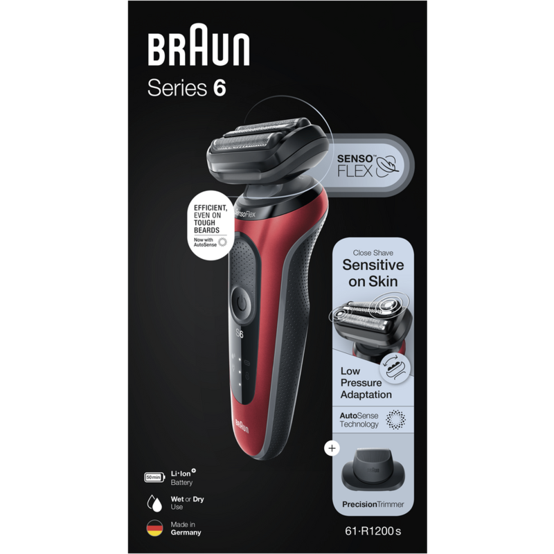 Afeitadora eléctrica Braun Series 6 roja y negra con características resaltadas en la caja.