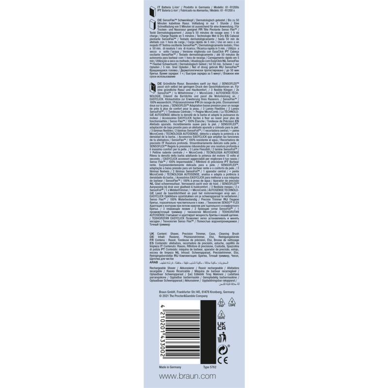 Embalaje del producto. Especificaciones y detalles de la afeitadora eléctrica Braun. Fondo blanco. Texto mayoritariamente en alemán.