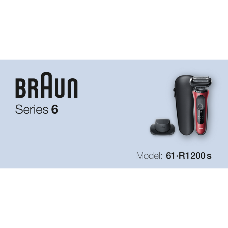 Una afeitadora Braun Series 6 roja, funda negra y base de carga sobre fondo azul claro. También hay texto.