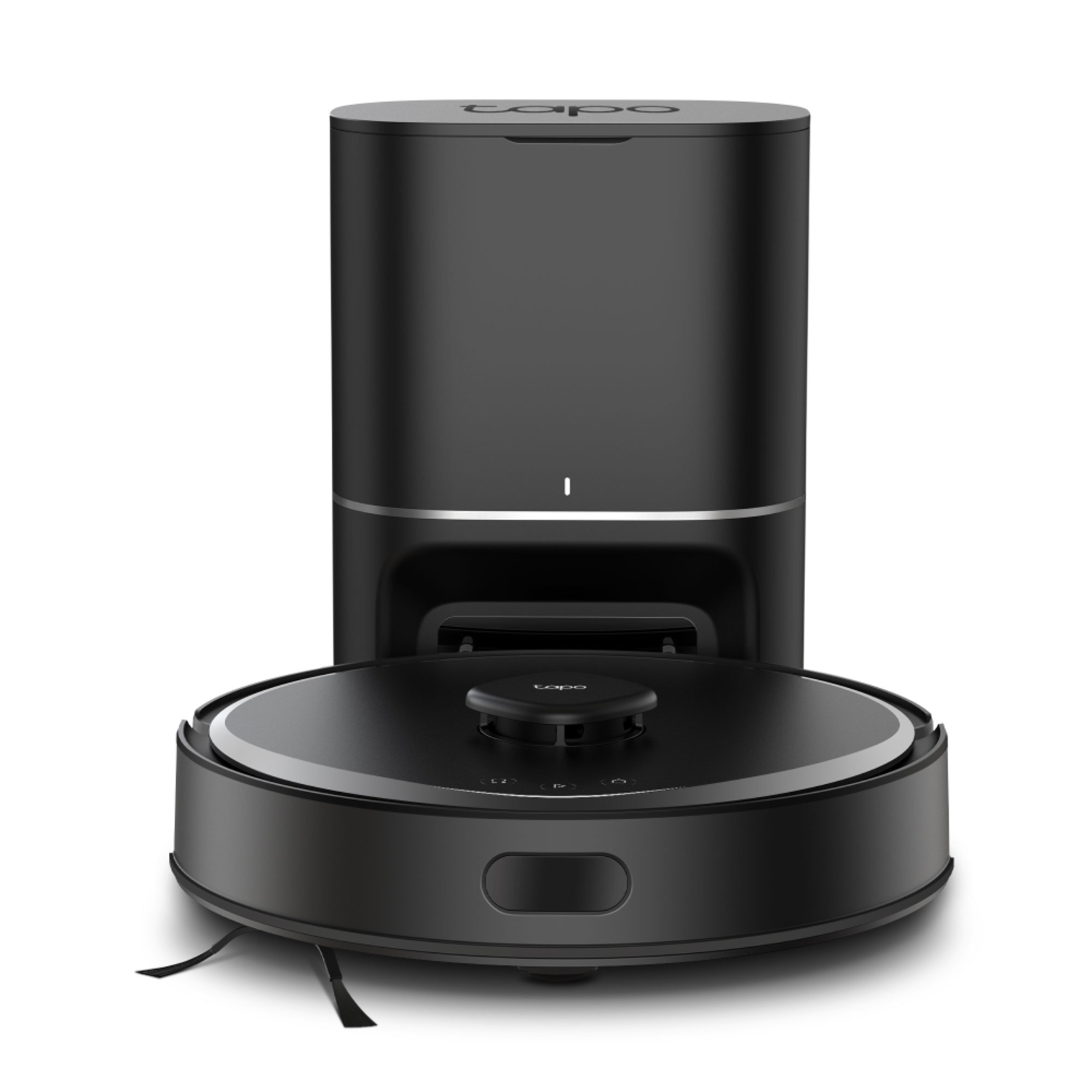 A black vacuum cleaner with a charging station, white background.