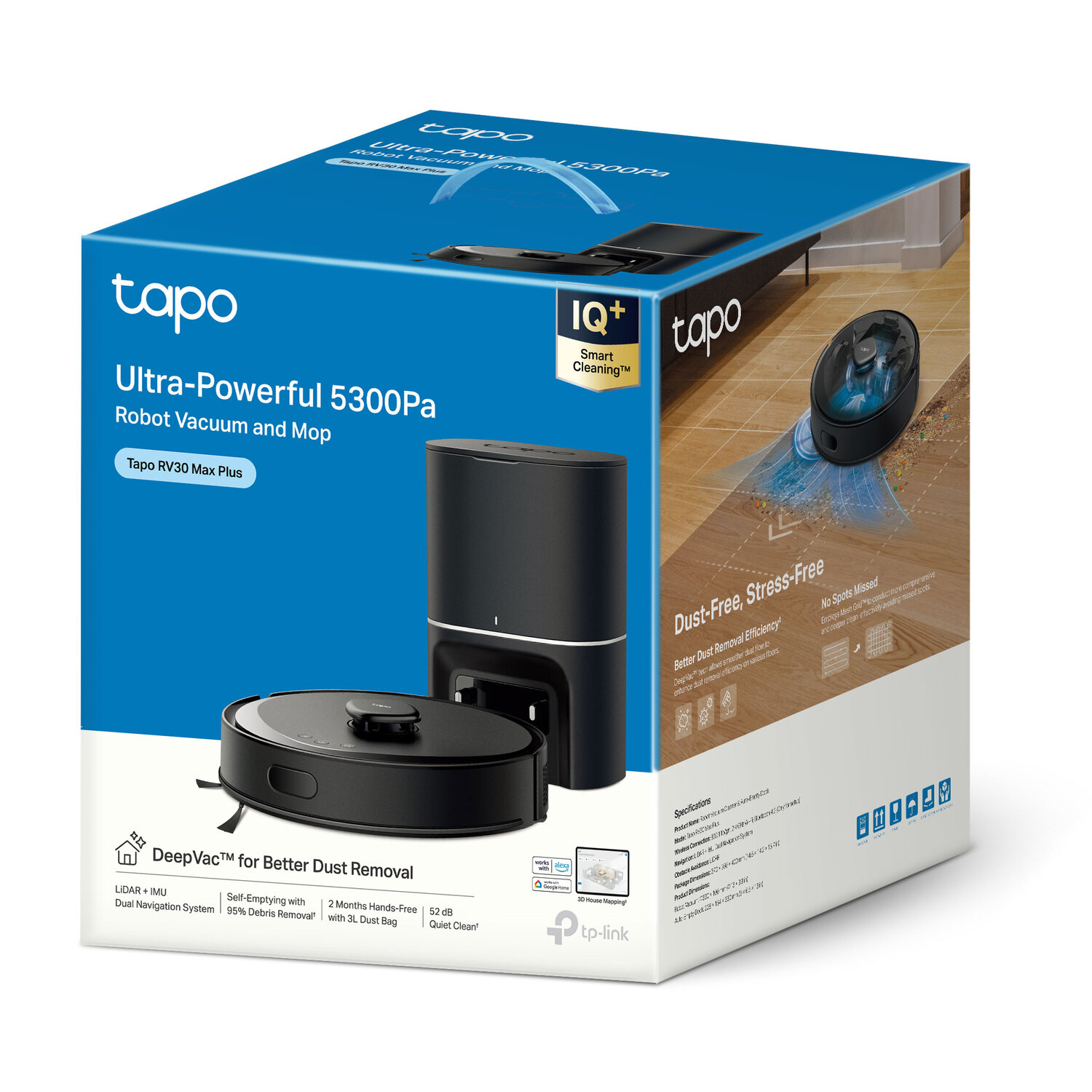 Box showing a robot vacuum cleaner and its station. The box is blue and white with the Tapo logo.