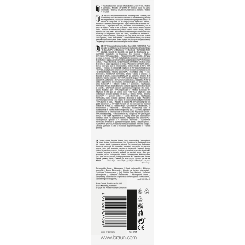 Un paquete de producto con texto y una imagen de una afeitadora, con un código de barras y algo de texto.
