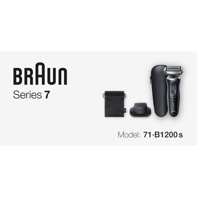 Afeitadora eléctrica Braun Series 7 con accesorios y texto 'Model: 71.B1200s' sobre fondo blanco.