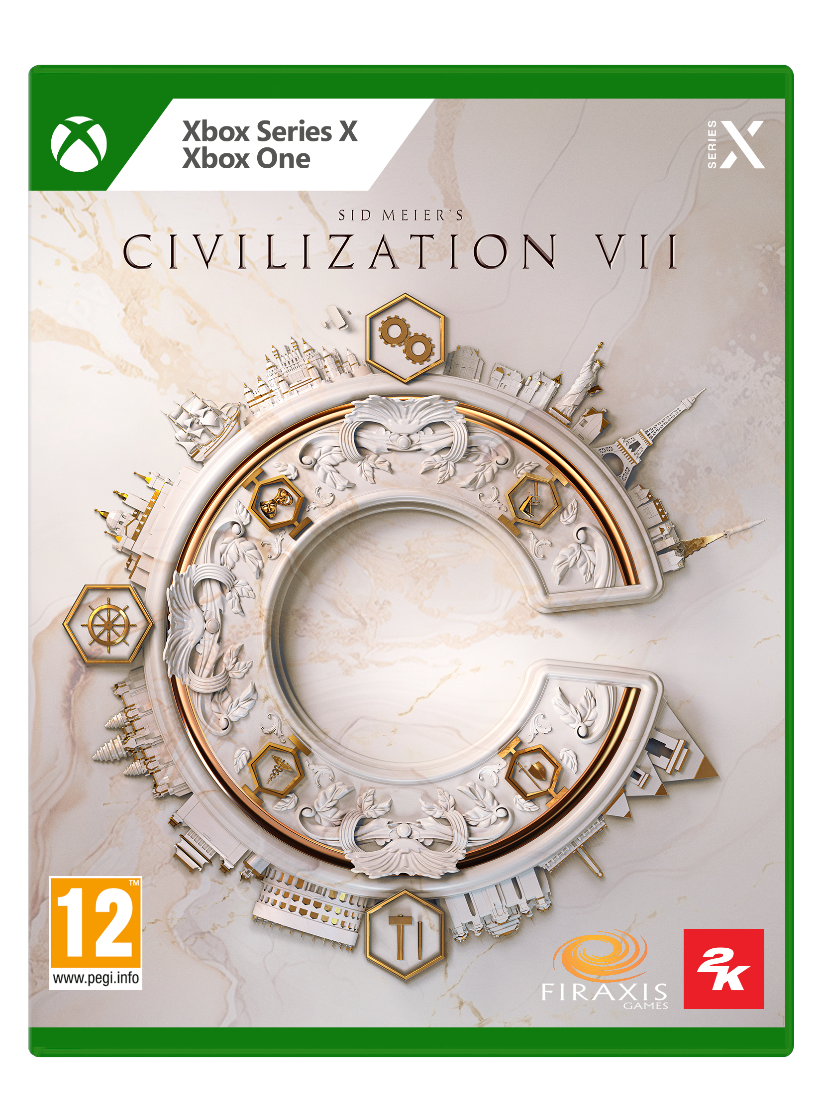 Xbox Series X Civilization VII Spielbox. Bunte Grafik mit Stadt- und Wahrzeichenillustrationen.
