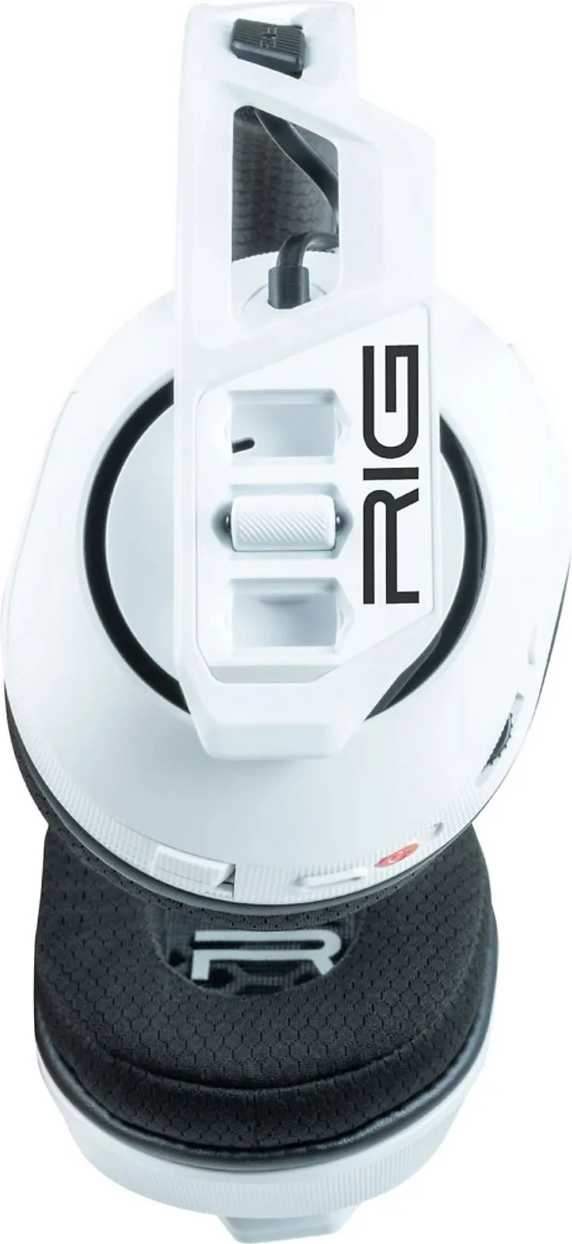 Weißes Gaming-Headset mit RIG-Logo. Schwarzes Mikrofon und Bedienelemente. Weißer Hintergrund.