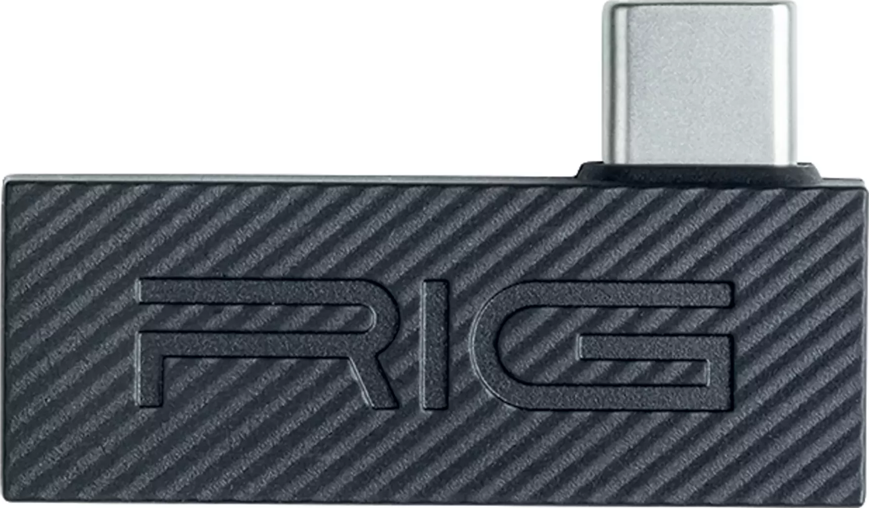 Schwarzer USB-C-zu-USB-C-Adapter mit dem Wort 'RIG' auf der Seite geprägt.