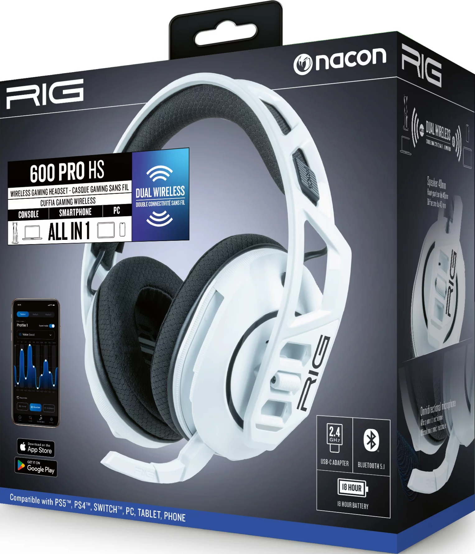 Weißes und schwarzes Gaming-Headset in einer Box. Text und Logo sichtbar. Blaue Akzente.