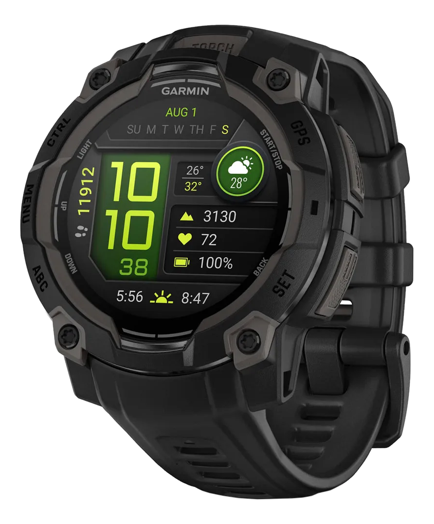 Smartwatch Garmin con display digitale che mostra ora, frequenza cardiaca e dettagli meteo.