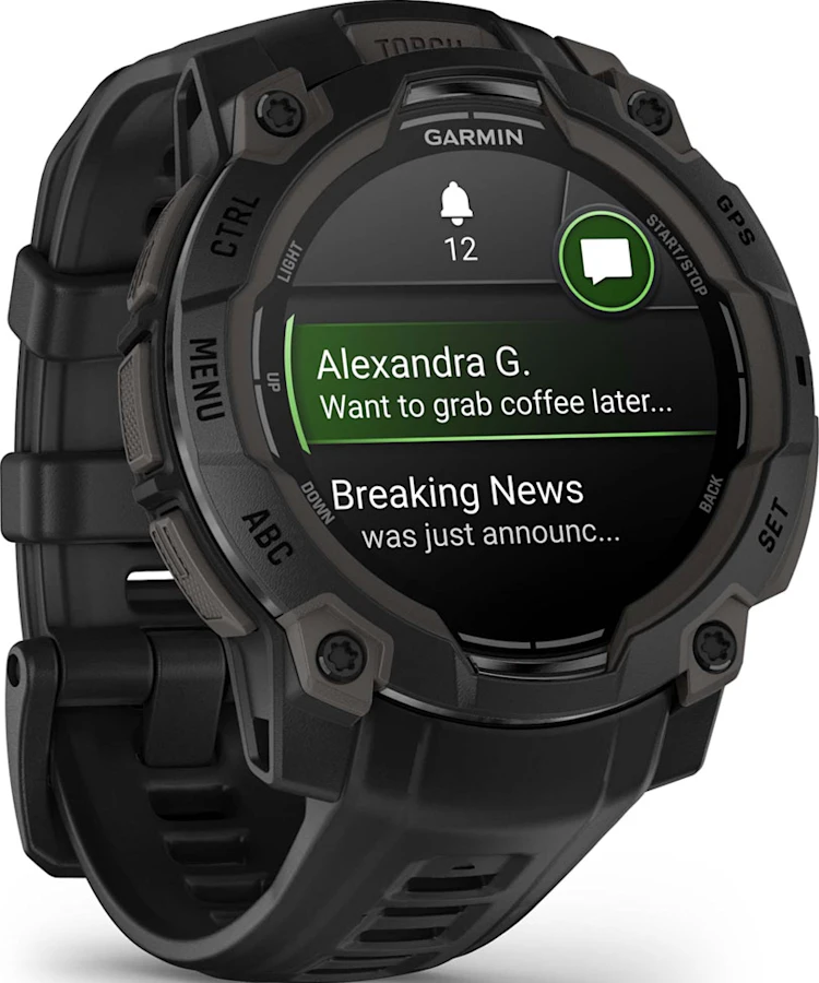 Orologio Garmin nero con schermo rotondo che mostra notifiche. Cinturino nero. Pulsanti laterali.